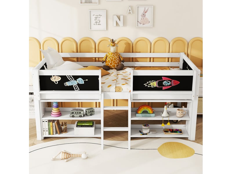 Lit mi-hauteur enfant 90 x 200 cm avec rangements, échelle, tableau et garde-corps blanc - Conforama D