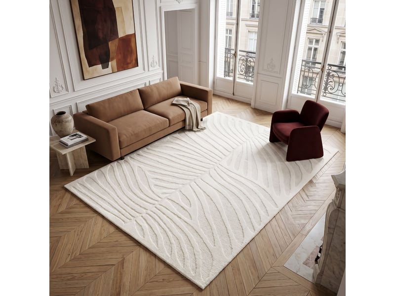  Tapis doux moderne motif feuilles en relief blanc 160x230  - Conforama A