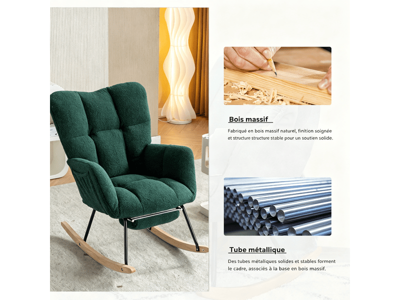  Fauteuil à bascule - 1 place - teddy - repose-pieds inclus &amp; accoudoirs &amp; cadre métal &amp; cadre bois - 80 x 98 x 98.5 cm - vert  - Conforama B