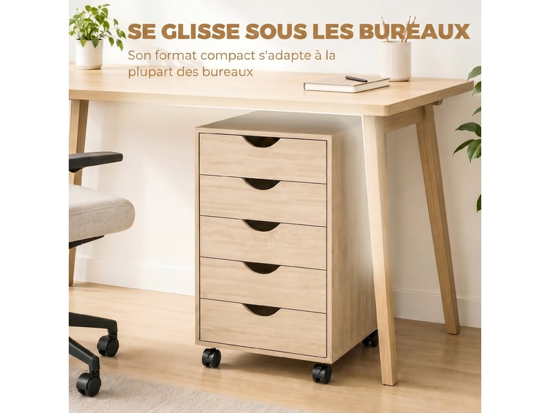  Caisson bureau mobile, meuble rangement sur roulettes avec 5 tiroirs, bois, chêne, 40 x 40 x 67 cm  - Conforama R