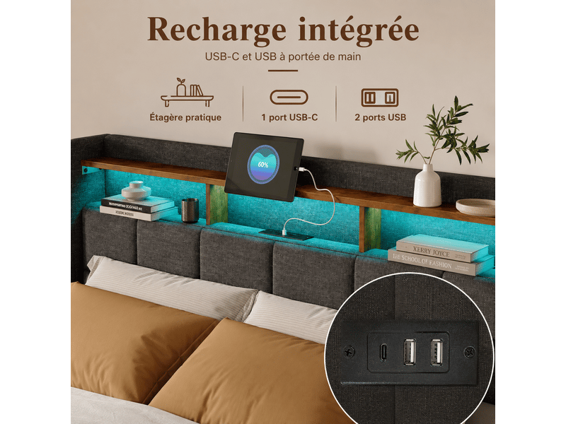  Lit 2 personnes 160 x 200 cm avec sommier - 4 tiroirs - cadre de lit rembourré avec led intégrée et usb type‑c - lit coffre double avec rangement et tete de lit capitonné - 2 places- lin gris - chambre adulteado - sans matelas -…  - Conforama R