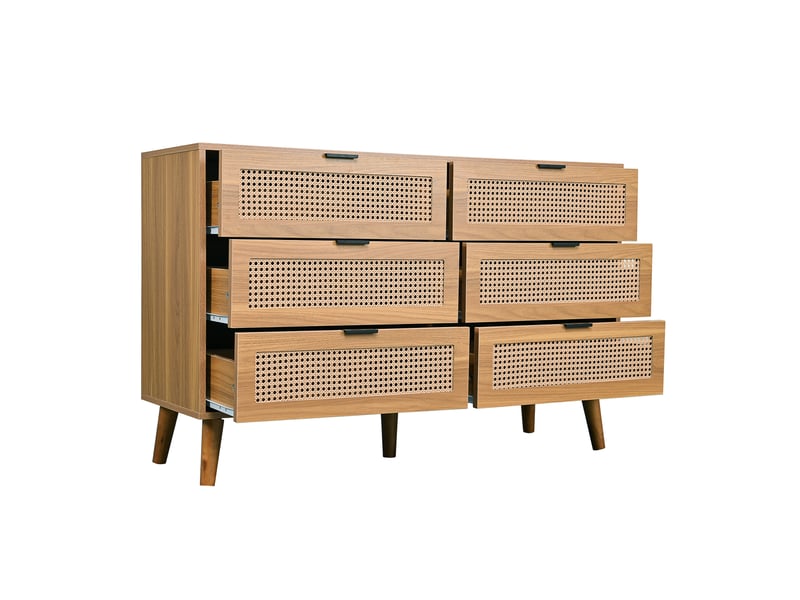  Commode modèle wood, 6 tiroirs, meuble rangement bois, poignées métal, grande capacité  - Conforama D