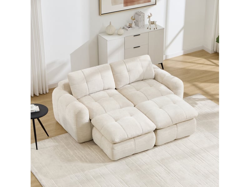 Canapé modulable sans structure 2 places avec 2 ottomans, en chenille beige - Conforama B