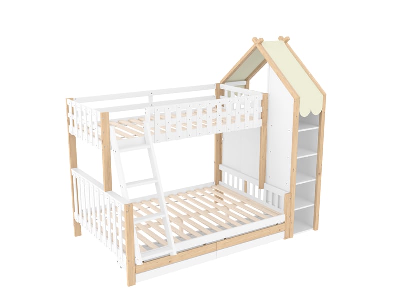  Lit superposé blanc et naturel 90 × 200 + 140 × 200 cm, échelle et 2 tiroirs  - Conforama D