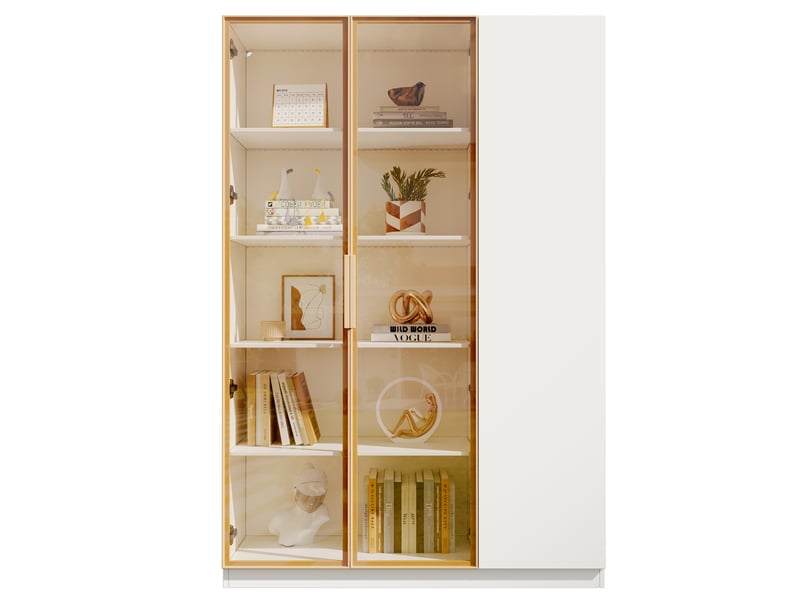  Vitrine 110x35x165 cm en mdf, 3 portes dont 2 vitrées, led multicolore, étagères réglables et anti-basculement - blanc  - Conforama A