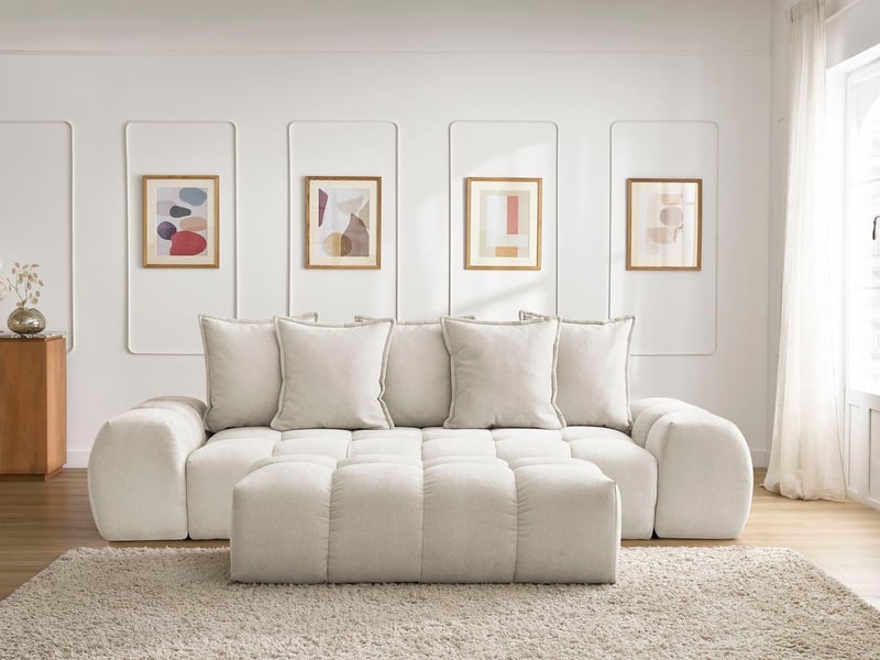  Bobochic canapé droit convertible coffre everest tissu texturé avec pouf beige EVEREST - Conforama D