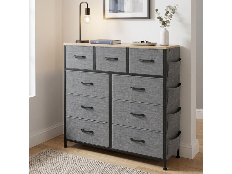  Commode de rangement, 98.8x30x100 cm, 9 tiroirs avec poches et crochets, cadre en métal et tissu non tissé, moderne, gris foncé  - Conforama B