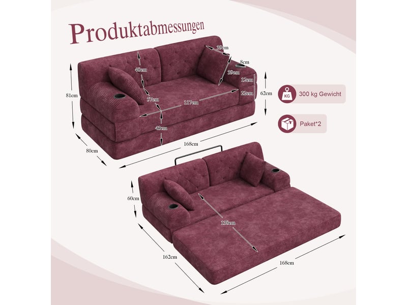  Canapé convertible, canapé-lit, 2 places, en velours, poches latérales, porte-gobelets, format compressé, structure métallique  - Conforama R