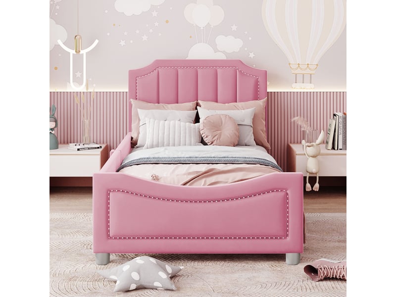  Lit enfant lit rembourré 90x200cm, canapé-lit cadre de lit en flanelle lit souple avec dossier accoudoir lit simple, rose  - Conforama C