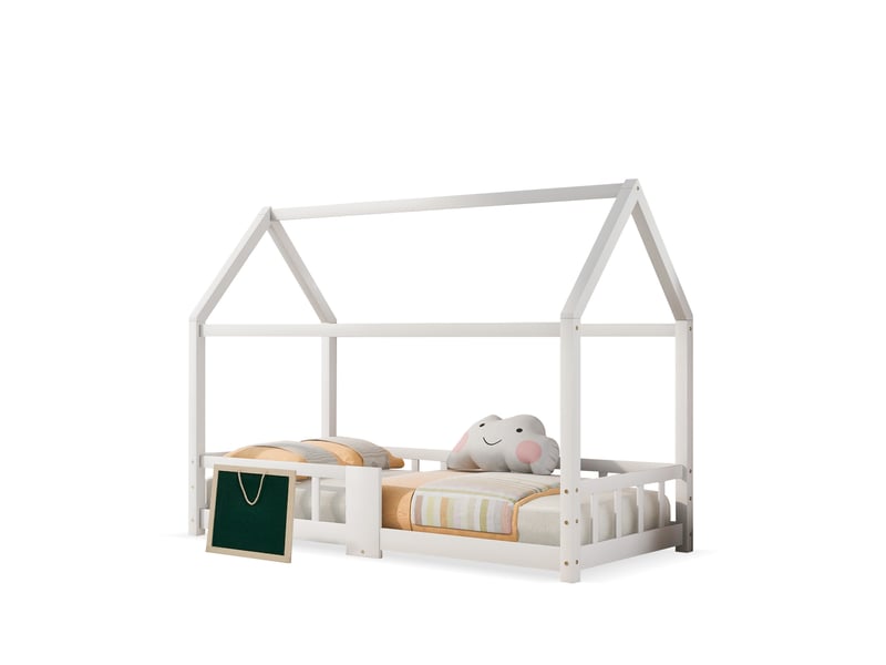  Lit cabane enfant 90x200 cm blanc avec sommier à lattes et tableau  - Conforama A