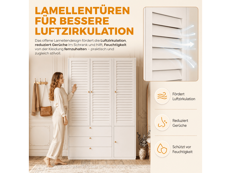  Armoire blanche 3 portes avec portes persiennes 135x50x200 cm - 3 tiroirs 2 penderies porte-pantalons  - Conforama W