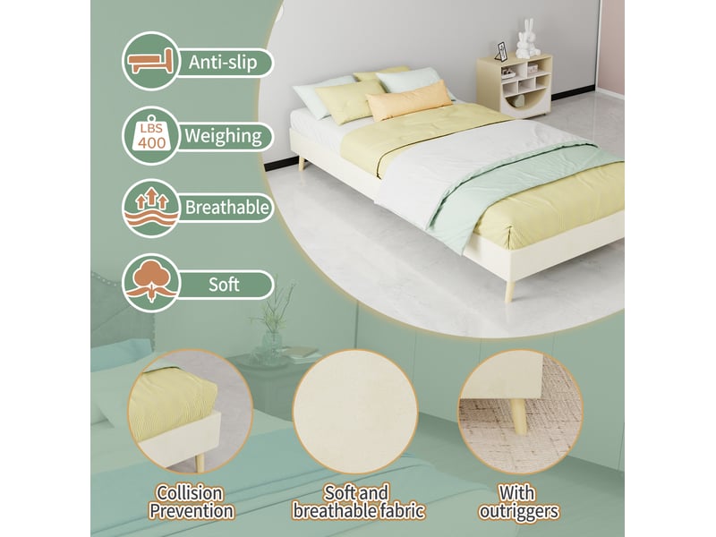  Lit enfant 90 × 200 cm 1 place avec tête de lit cartoon, sans matelas, pieds en bois naturel, tissu et métal beige  - Conforama E