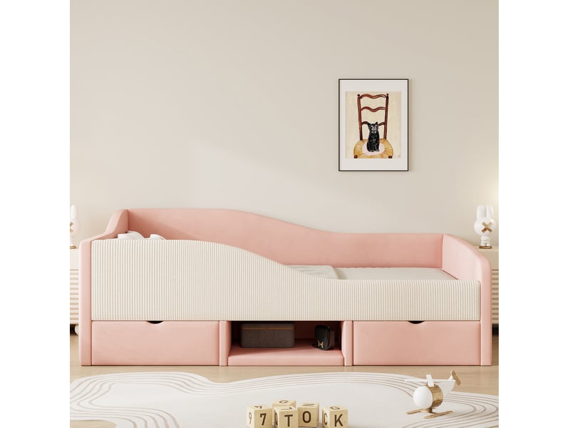  Lit rembourré tcqpz 90 x 190 cm avec deux tiroirs rangement velours rose et blanc  - Conforama D