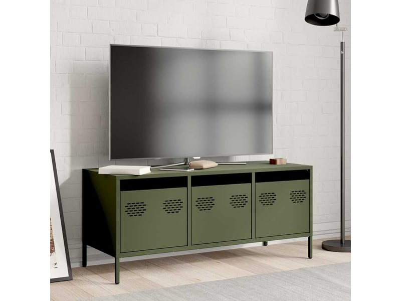  Meuble tv - banc tv - meuble de rangement vert olive 101,5x39x43,5 cm acier laminé à froid  - Conforama C