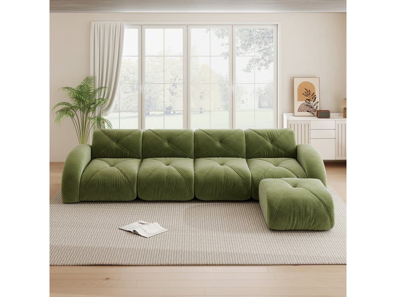  Canapé d'angle modulaire 4 places avec assise en mousse 32d et base antidérapante, en chenille, vert  - Conforama C