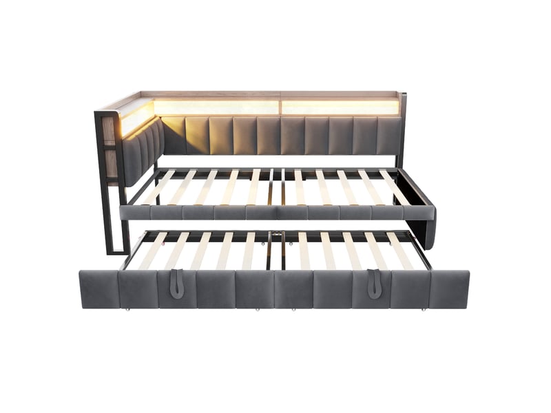  Lit enfant gigogne 90x200cm+90x190cm led, rangement, ports usb‑c, sommier à lattes, velours gris foncé sans matelas  - Conforama E