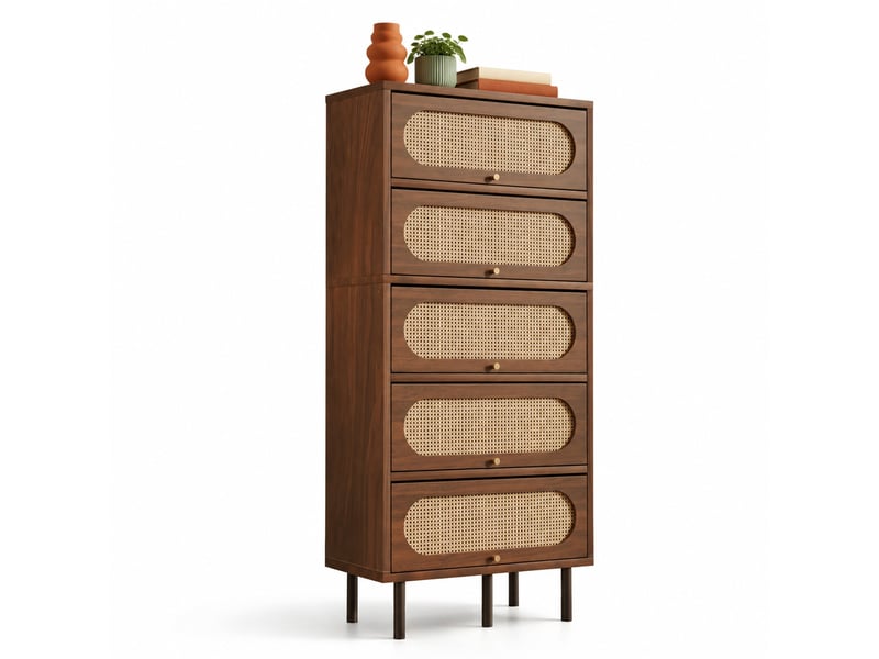  Buffet haut à 5 abattants noyer et rotin 80 x 40 x 163 cm  - Conforama A