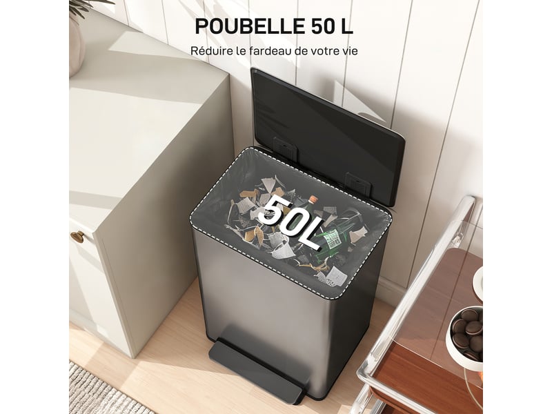  Poubelle de cuisine à pédale 50l en acier inoxydable argent 41,7x36,6x62 cm  - Conforama D
