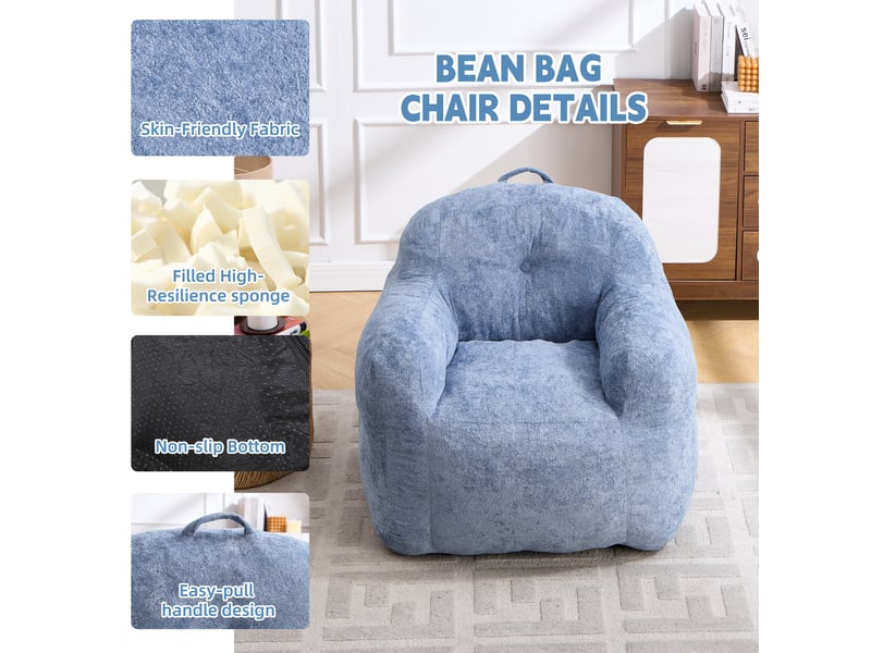  Fauteuil pouf avec accoudoirs et dossier enveloppant, rembourré de mousse, en fausse fourrure bleue, 95 × 95 × 79 cm  - Conforama E