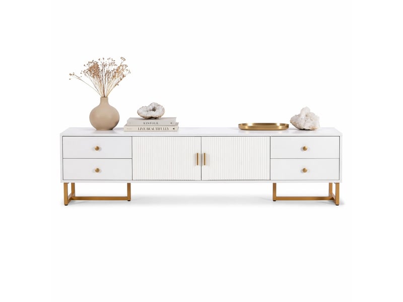  Meuble tv bas blanc 175 cm avec 4 tiroirs, 2 portes texturées et pieds dorés  - Conforama A