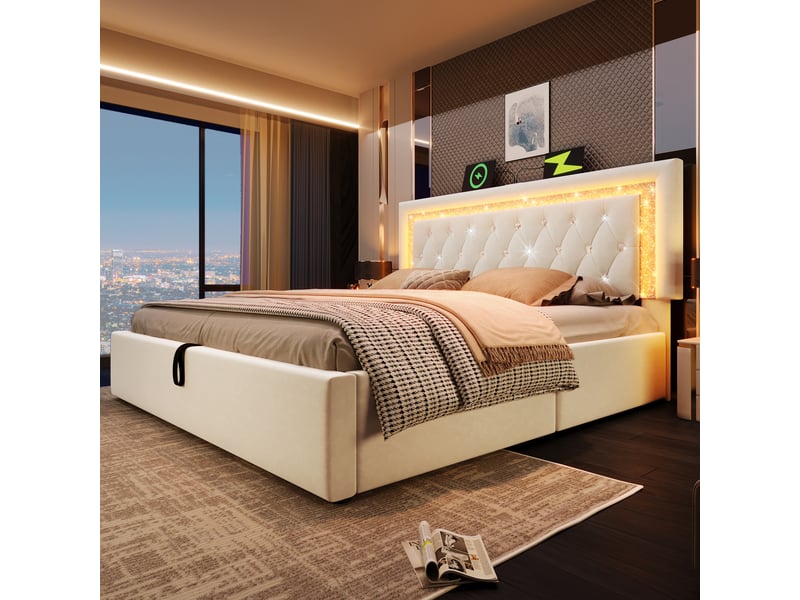  Lit coffre double 180x200 cm - lit en velours beige avec tête de lit led, usb type-c et rangement hydraulique - sans matelas  - Conforama D