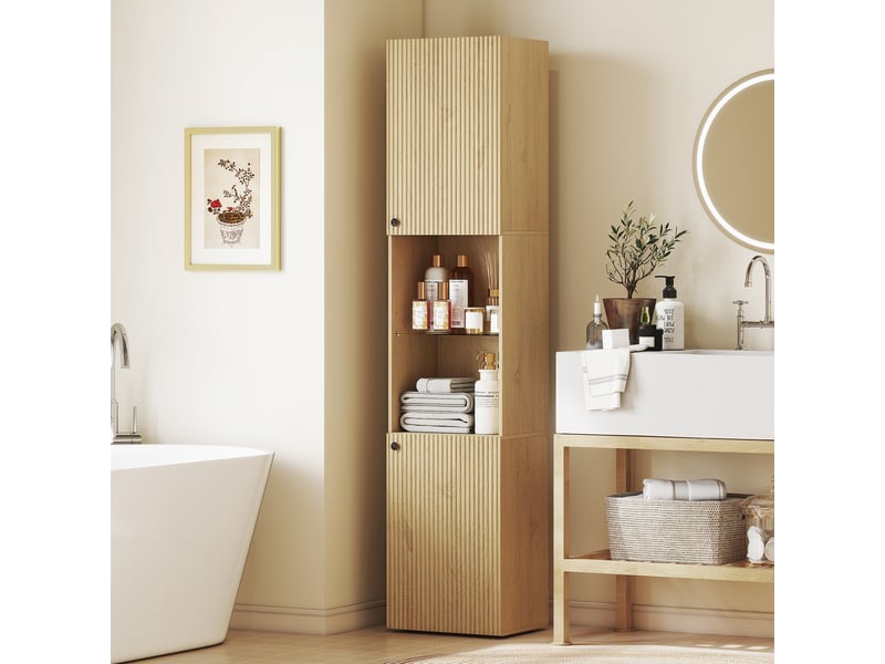 Meuble de salle de bain étroit avec 6 étagères, 2 portes, compartiments ouverts, étagère en verre de sécurité, étagères réglables, chêne - Conforama D