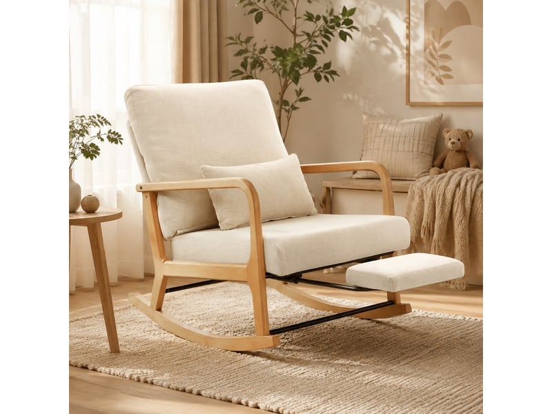  Fauteuil à bascule, dossier réglable 3 positions, repose-pieds intégré, polyester crème  - Conforama D