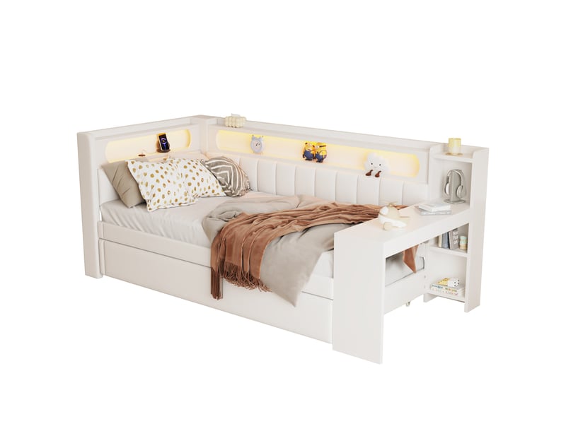  Lit gigogne rembourré 90x200cm coloris blanc mdf led lit enfant blanc - Conforama A
