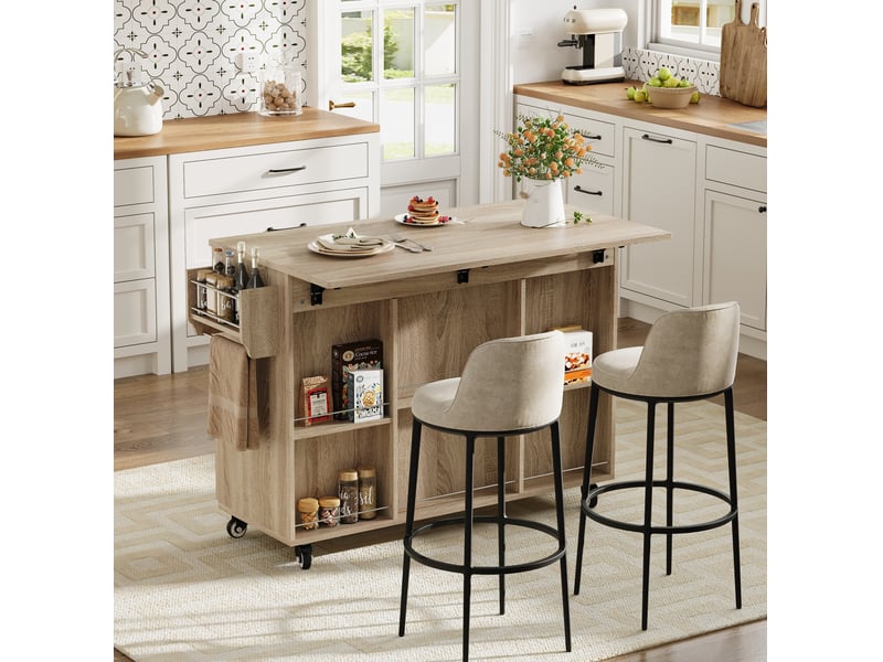  Desserte de cuisine 120x43,5x92,9 cm, à plateau rabattable sur roulettes, avec tiroir et placards, en mdf, chêne sonoma  - Conforama D