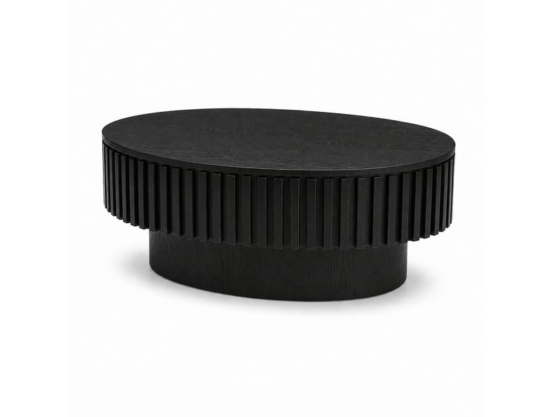 Table basse ovale cannelée noir mat 98 cm, placage bois massif, rangement caché - Conforama D