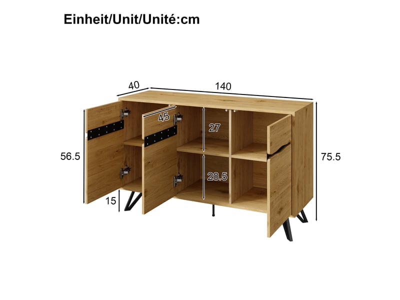  Buffet 3 portes effet bois avec pieds métalliques et grand espace de rangement multifonction  - Conforama E