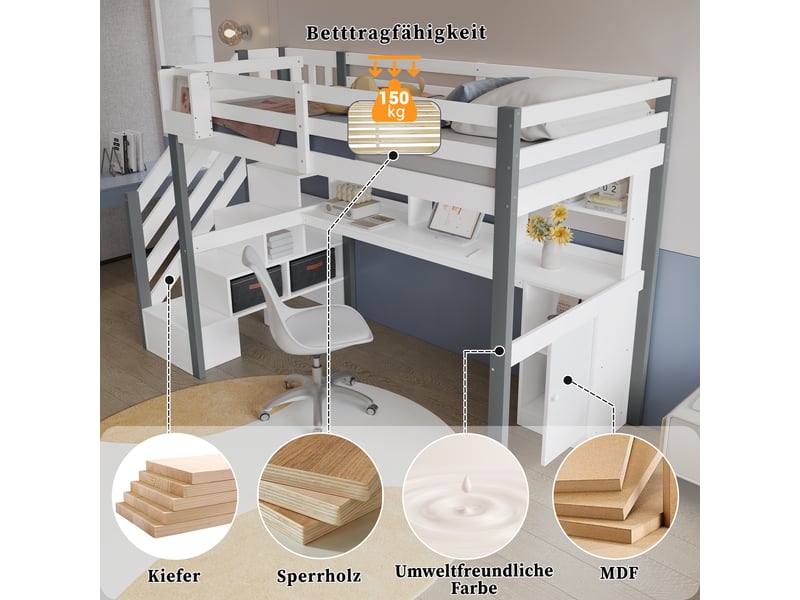  Lit surélevé enfant avec bureau, étagères, tiroirs et boîtes tissu, 90x200cm, blanc et gris  - Conforama D