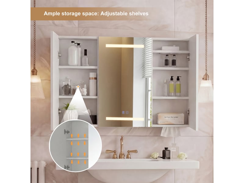  Armoire de toilette led 3 portes - 100 x 13.5 x 60 cm-blanc - meuble de salle de bain avec éclairage 3 couleurs, antibuée et prise  - Conforama D