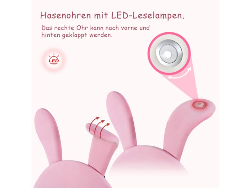  Lit enfant 90x200cm, lit double, en forme de lapin, avec 2 bancs de rangement, led, velours rose, sans matelas  - Conforama E