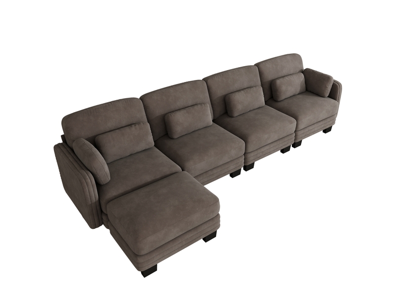  Canapé d’angle modulaire 4 places modenvie en chenille marron avec ottomane, 330 x 143 x 88 cm  - Conforama A