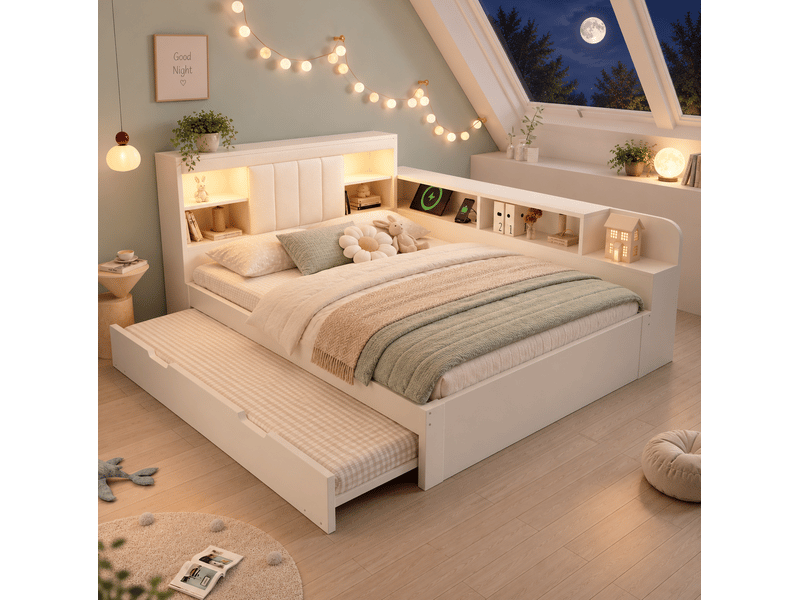 Lit banquette gigogne avec sommier à lattes, rangements, liseuses et prises usb, en bois et panneaux blancs - Conforama D