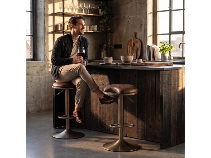  Kin - tabouret de bar style industriel chic, 42 x 85 x 33,5 cm, pivotant et réglable en hauteur, en métal marron  - Conforama B