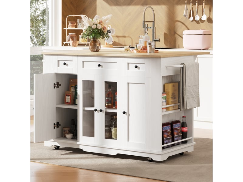 Îlot de cuisine 151,5x60x91,7 cm blanc et naturel avec plateau rabattable - Conforama D