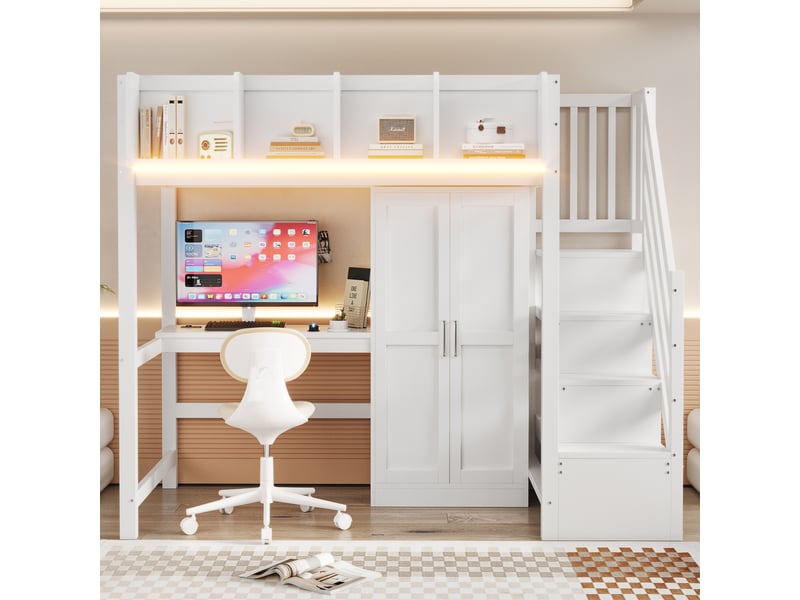  Lit mezzanine 90x200 cm avec bureau et armoire - lit enfant avec rangement, led et sommier à lattes - bois blanc  - Conforama D