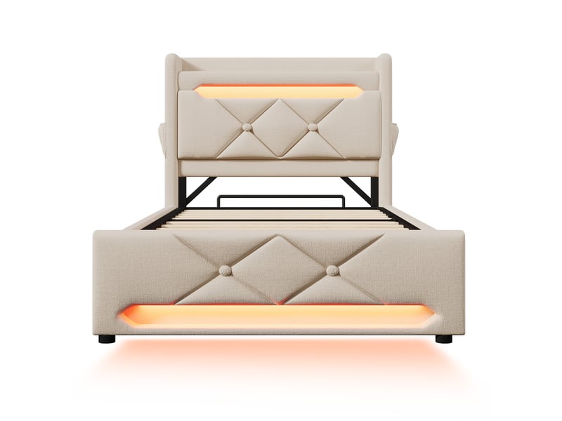  Lit coffre rembourré led 360° avec rangement et usb-c, beige, 90x200 cm Fay Lum - Conforama W