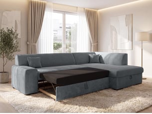 Canapé d'angle droit convertible <strong>AX LIVING </strong> <strong>Lucera</strong> 4 places Velours côtelé gris avec coffre de rangement