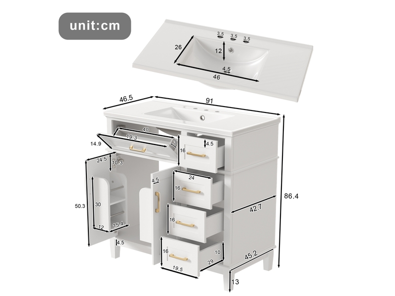  Meuble vasque sur pied 90 x 46 x 87 cm, lavabo en céramique, blanc et doré  - Conforama C