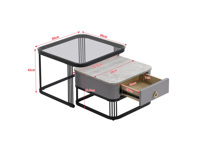  Table basse modulaire avec 2 tiroirs, plateau effet marbre et verre, structure gigogne, en mdf noir, pour salon  - Conforama D