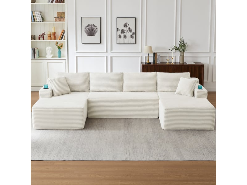  Canapé d'angle modulable en u canapé 4 places canapé compressé en velours côtelé avec porte-gobelets poches latérales, beige  - Conforama B