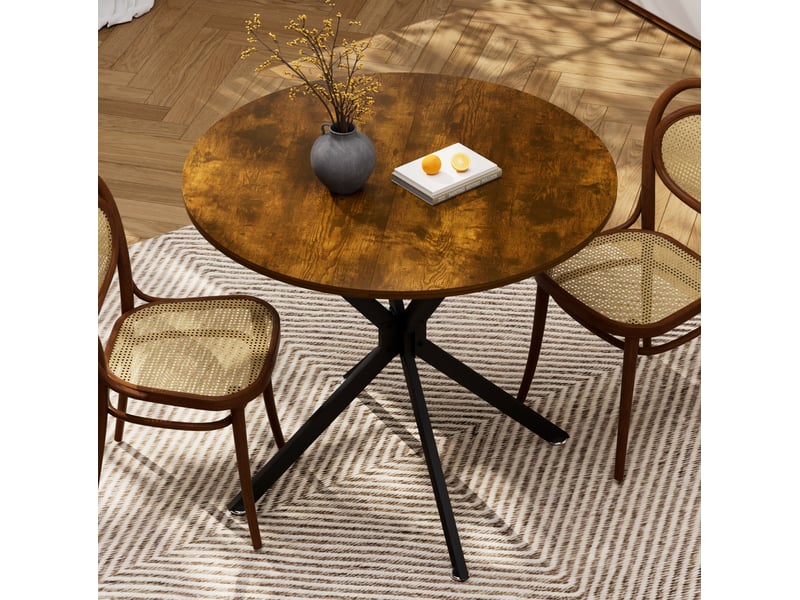  Table à manger ronde 90 cm plateau bois pieds métal brun noir  - Conforama D