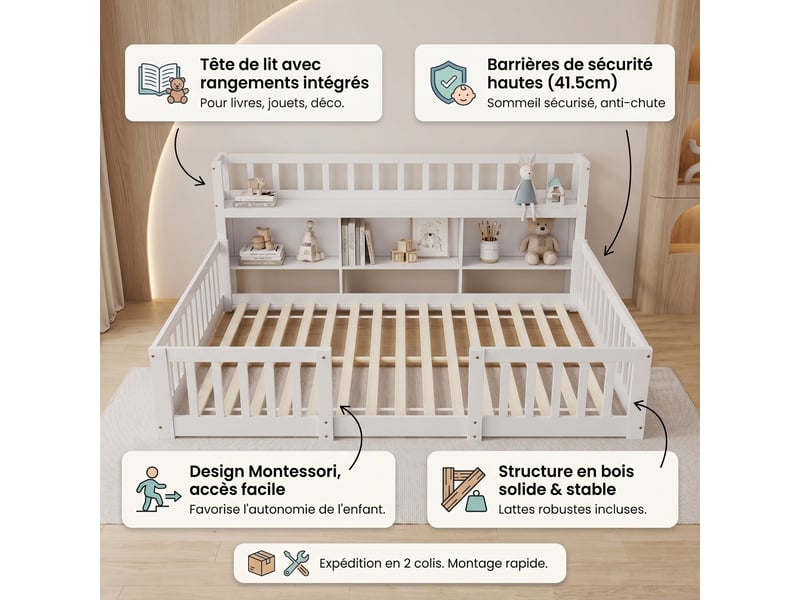  Lit enfant au sol 140x200 cm, lit montessori avec bibliothèque et barrière, lit double, bois, style scandinave moderne, blanc  - Conforama C