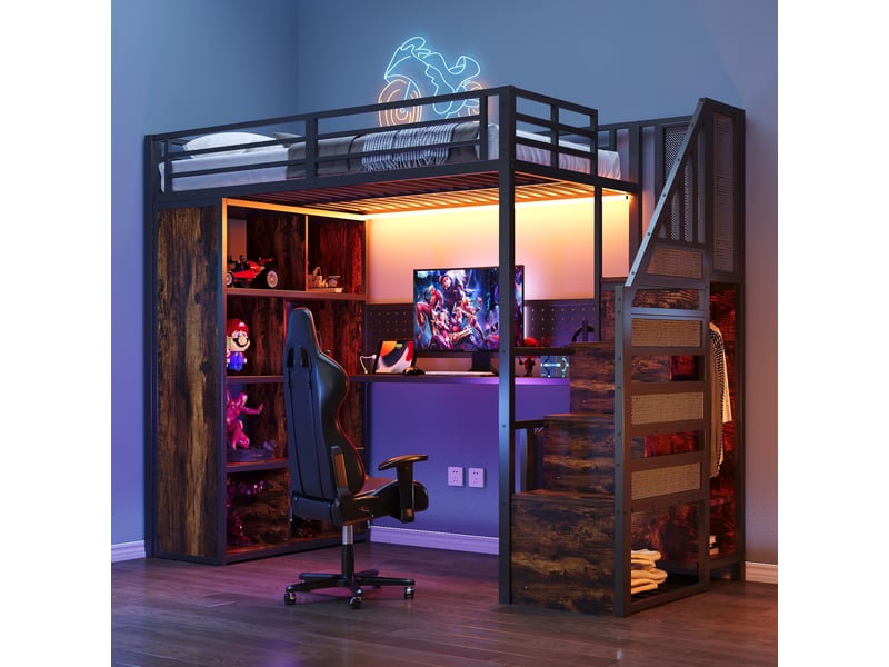 Lit mezzanine 1 place avec escalier de rangement, armoire, bureau et led 90×200 cm, sans matelas, noir - Conforama B