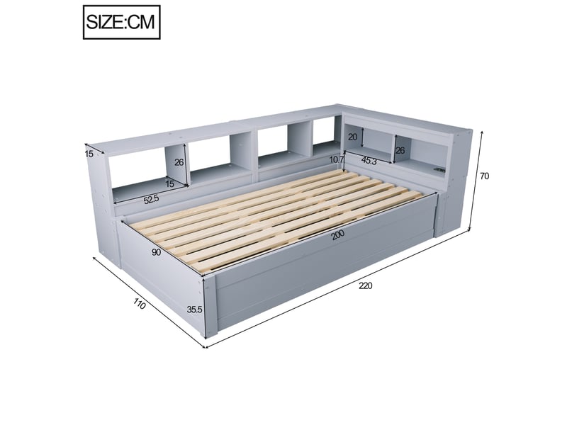  Modenvie lit banquette 90x200 cm - avec rangement, led et prise intégrée - pour petit espace - gris  - Conforama C