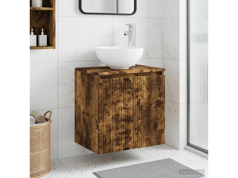 Vanité de lavabo mural, meuble de rangement chêne fumé 49.5x35x63 cm - Conforama B