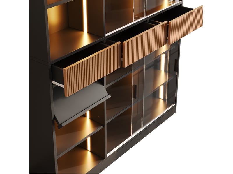  Vitrine 120x28,5x180 cm avec 3 tiroris et éclairage led en mdf couleur noir marron verre gris, design moderne  - Conforama E